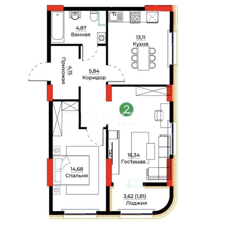 Продажа 2-комнатной квартиры, 60.81 м² в Астане