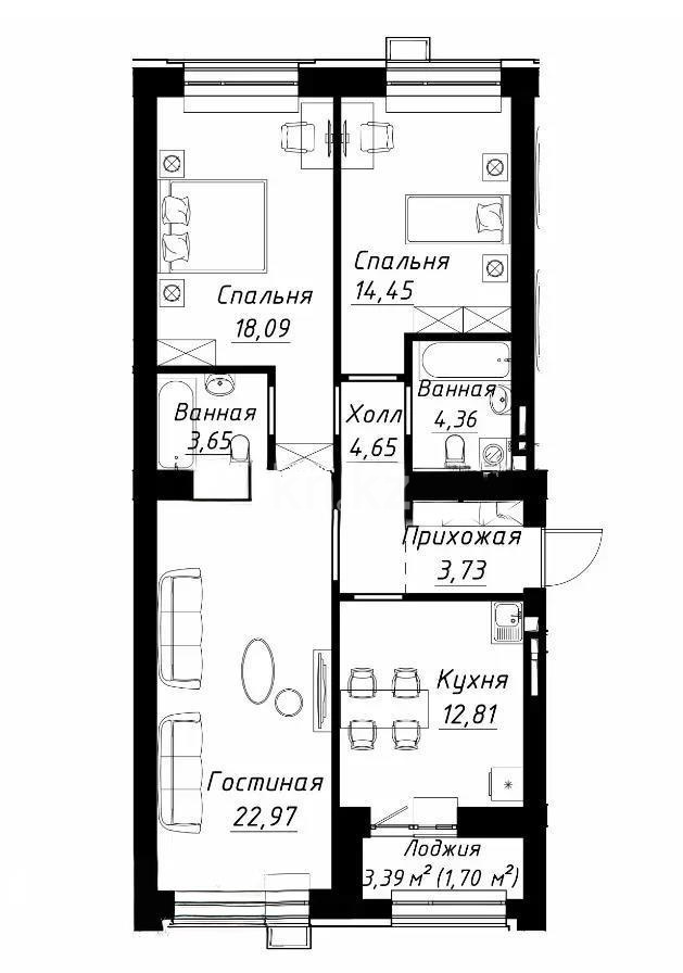 Продажа 3-комнатной квартиры, 86.41 м² в Астане
