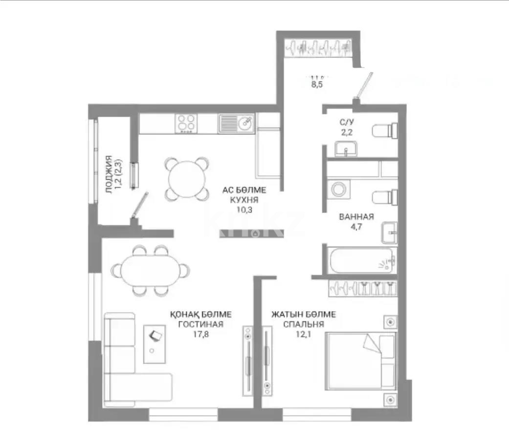 Продажа 2-комнатной квартиры, 57.8 м² в Астане
