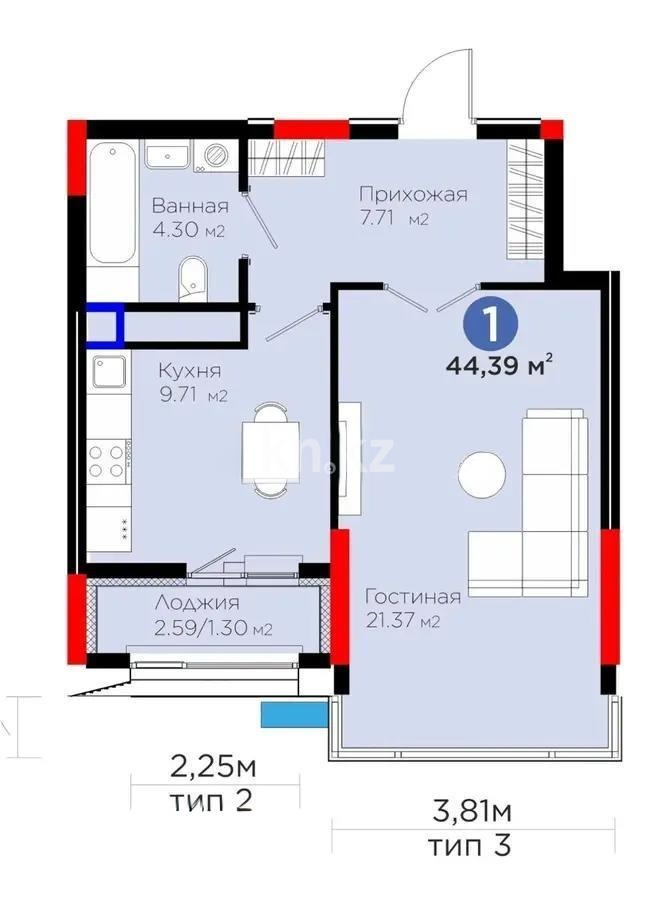 Продажа 1-комнатной квартиры, 44.3 м² в Астане