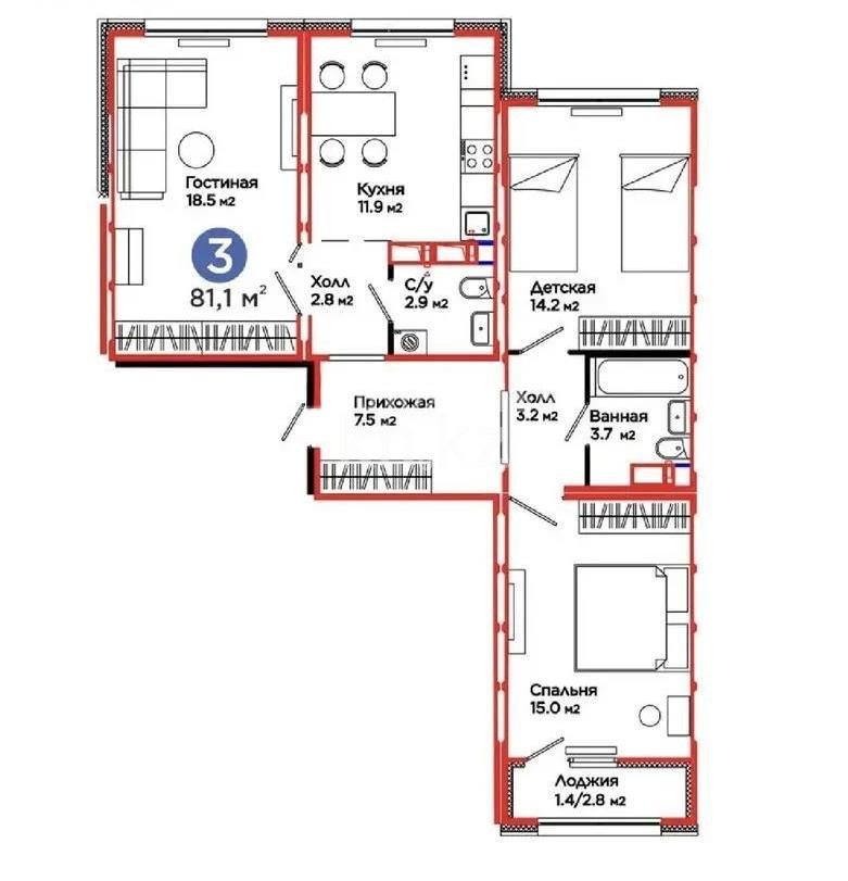 Продажа 3-комнатной квартиры, 80.7 м² в Астане - фото 2