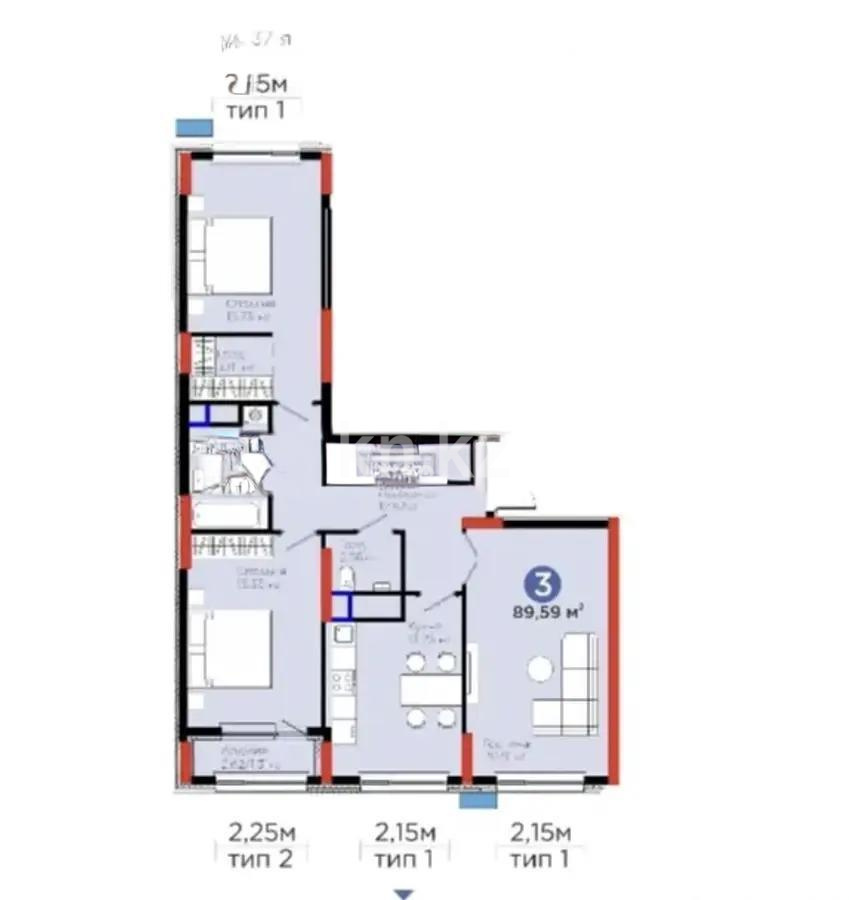 Продажа 3-комнатной квартиры, 90 м², ул. Рыскулова, дом  18/1 в Астане