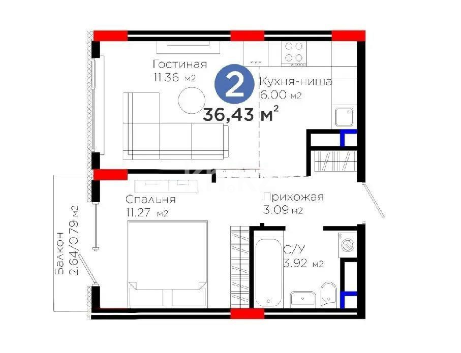 Продажа 2-комнатной квартиры, 36.43 м² в Астане