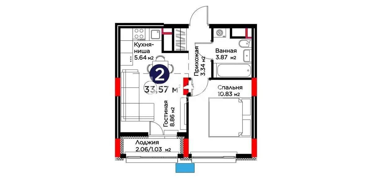 Продажа 2-комнатной квартиры, 33.57 м² в Астане