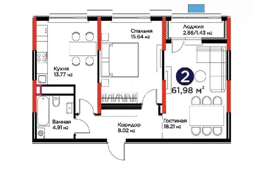 Продажа 2-комнатной квартиры, 61.98 м² в Астане