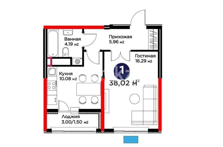 Продажа 1-комнатной квартиры, 38.02 м² в Астане