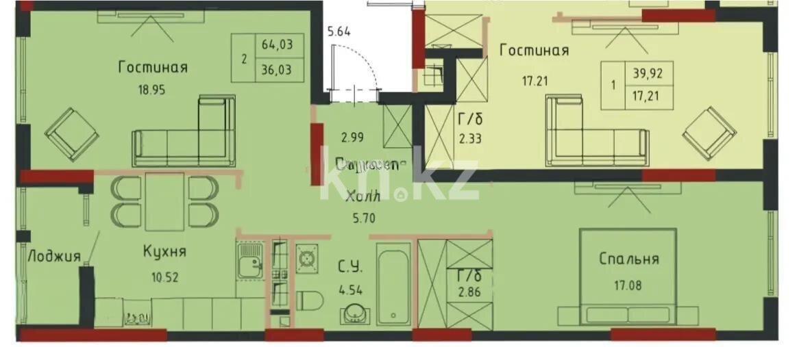 Продажа 2-комнатной квартиры, 64.3 м² в Астане