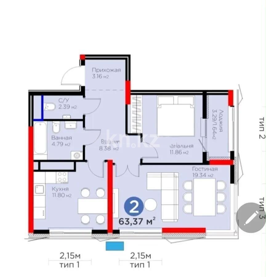 Продажа 2-комнатной квартиры, 64 м² в Астане