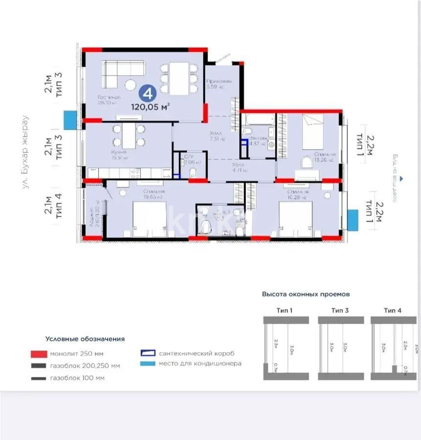 Продажа 4-комнатной квартиры, 121 м², ул. Бухар жырау, дом  57/6 в Астане