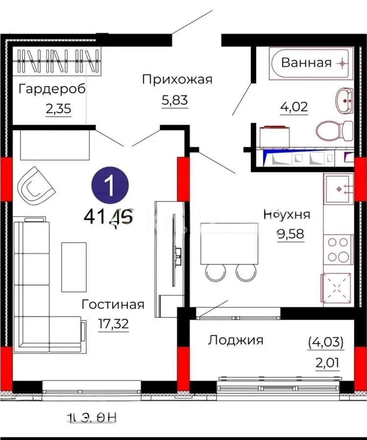 Продажа 1-комнатной квартиры, 41.2 м², ул. Казыбек би, дом  41/1 в Астане