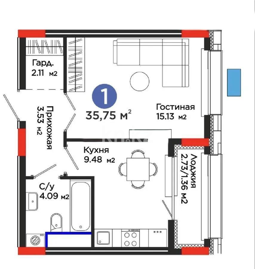 Продажа 1-комнатной квартиры, 35.75 м² в Астане