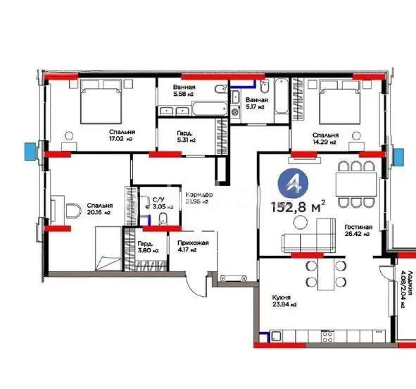 Продажа 4-комнатной квартиры, 152.8 м², ул. Бухар жырау, дом  26 стр в Астане