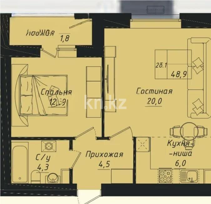 Продажа 2-комнатной квартиры, 48.9 м² в Астане