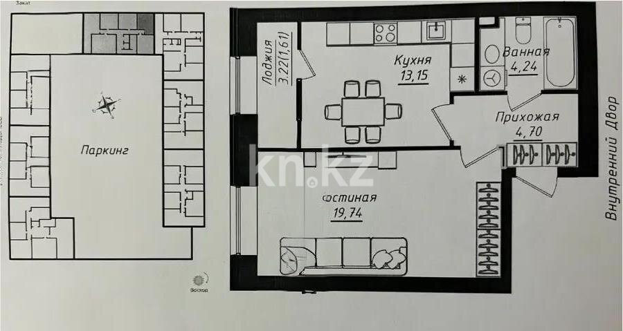Продажа 1-комнатной квартиры, 43.4 м² в Астане