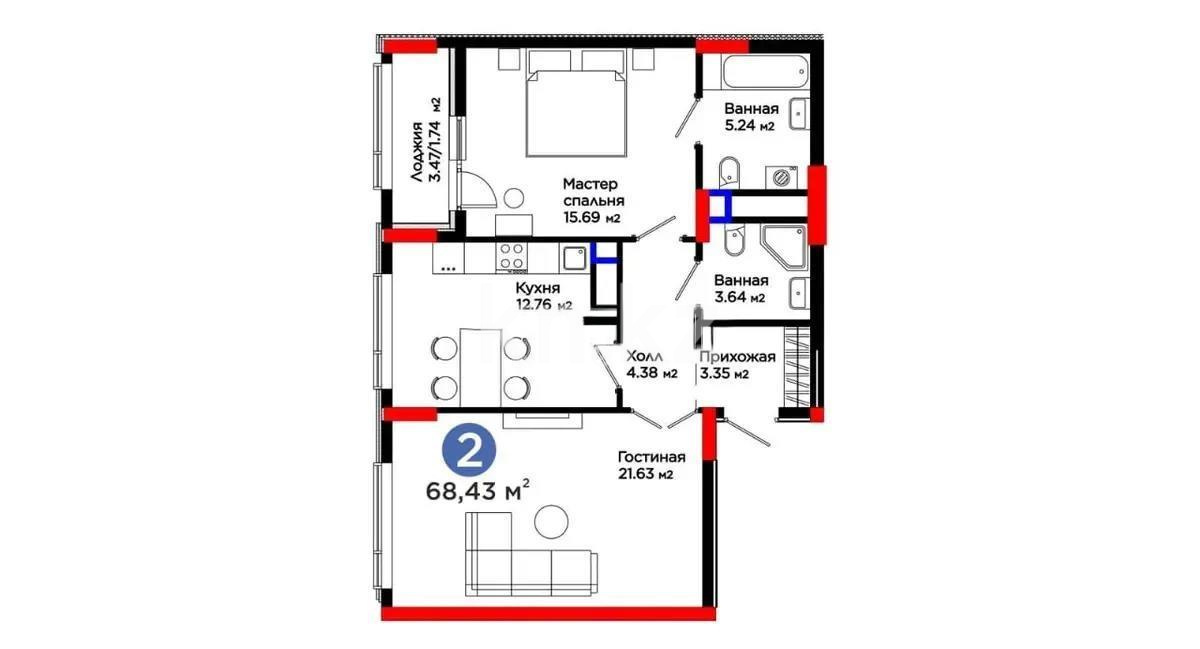 Продажа 2-комнатной квартиры, 68.43 м² в Астане