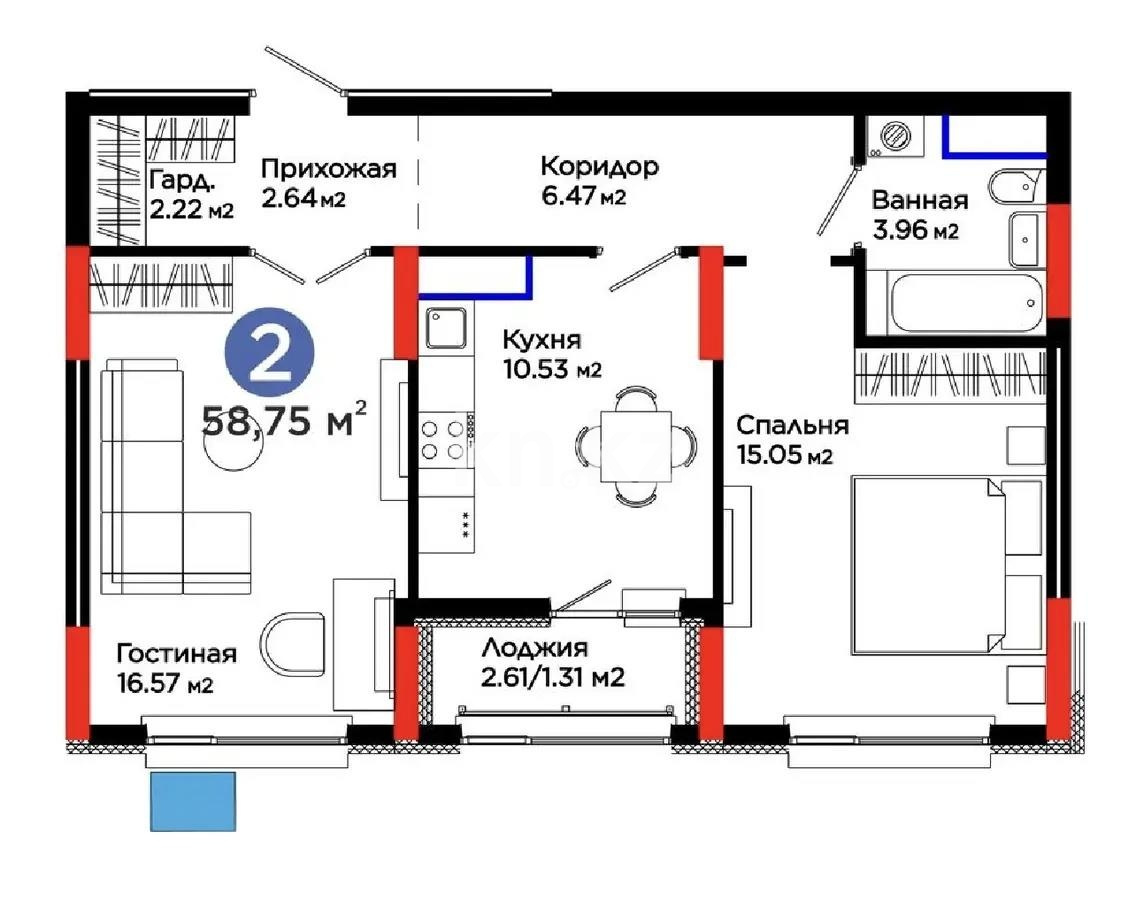 Продажа 2-комнатной квартиры, 59 м² в Астане