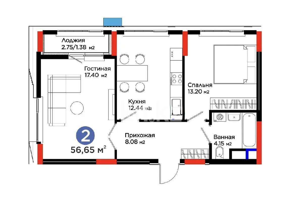 Продажа 2-комнатной квартиры, 57 м² в Астане