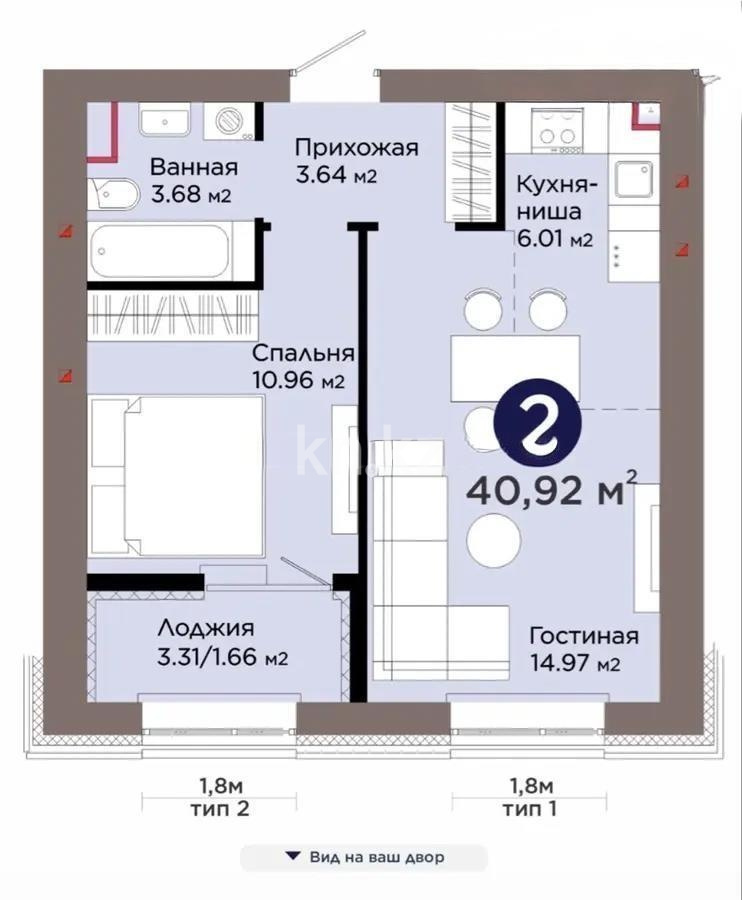 Продажа 2-комнатной квартиры, 40.92 м² в Астане