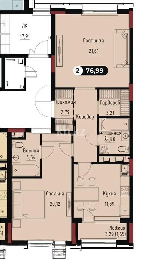 Продажа 2-комнатной квартиры, 76.99 м² в Астане