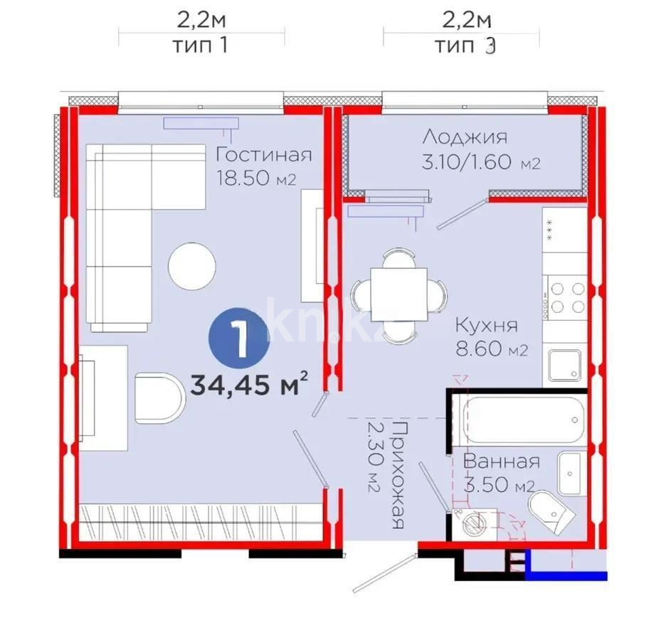 Продажа 1-комнатной квартиры, 34.4 м² в Астане - фото 3
