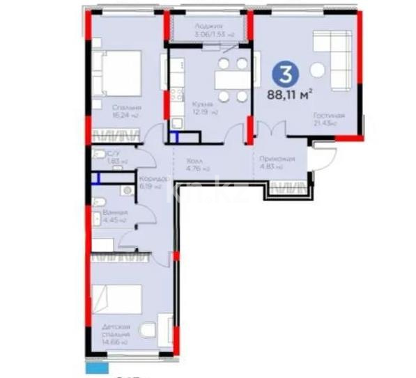 Продажа 3-комнатной квартиры, 88.11 м², ул. Бухар жырау, дом  33 в Астане