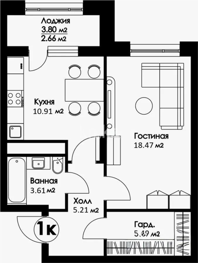 Продажа 1-комнатной квартиры, 45.62 м² в Астане