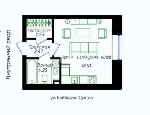 Продажа 1-комнатной квартиры, 28.1 м² в Астане