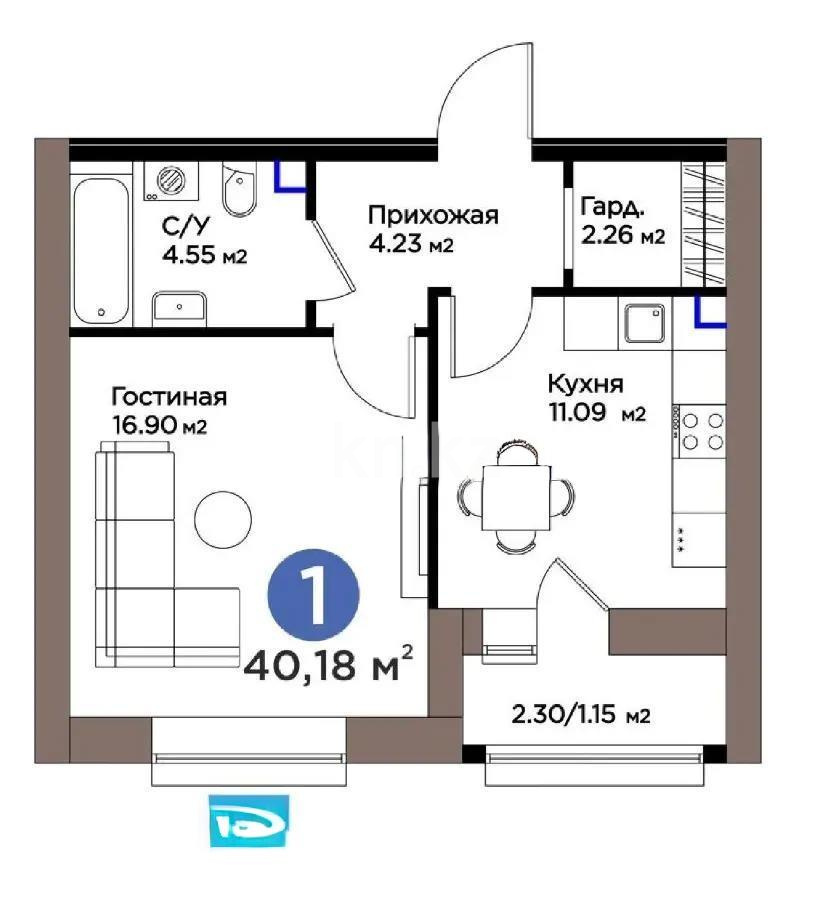 Продажа 1-комнатной квартиры, 40.18 м² в Астане