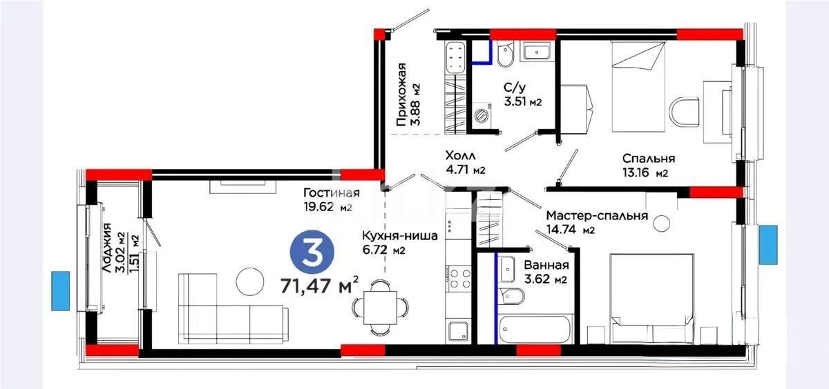 Продажа 3-комнатной квартиры, 72.3 м² в Астане