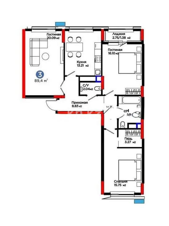 Продажа 3-комнатной квартиры, 89.41 м² в Астане