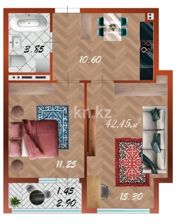 Продажа 2-комнатной квартиры, 42.45 м² в Астане