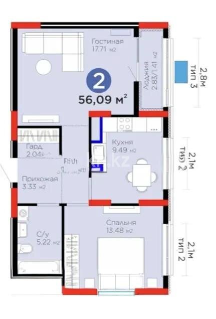 Продажа 2-комнатной квартиры, 56 м² в Астане