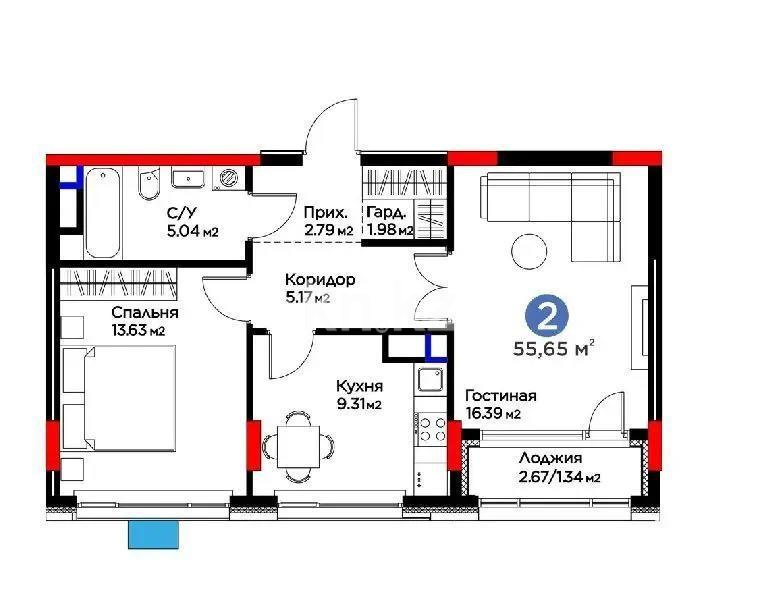 Продажа 2-комнатной квартиры, 55.6 м² в Астане