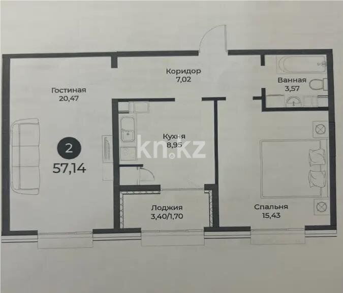 Продажа 2-комнатной квартиры, 57.14 м² в Астане