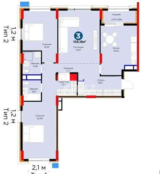 Продажа 3-комнатной квартиры, 105.2 м² в Астане