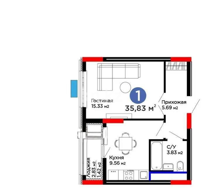 Продажа 1-комнатной квартиры, 35.83 м² в Астане
