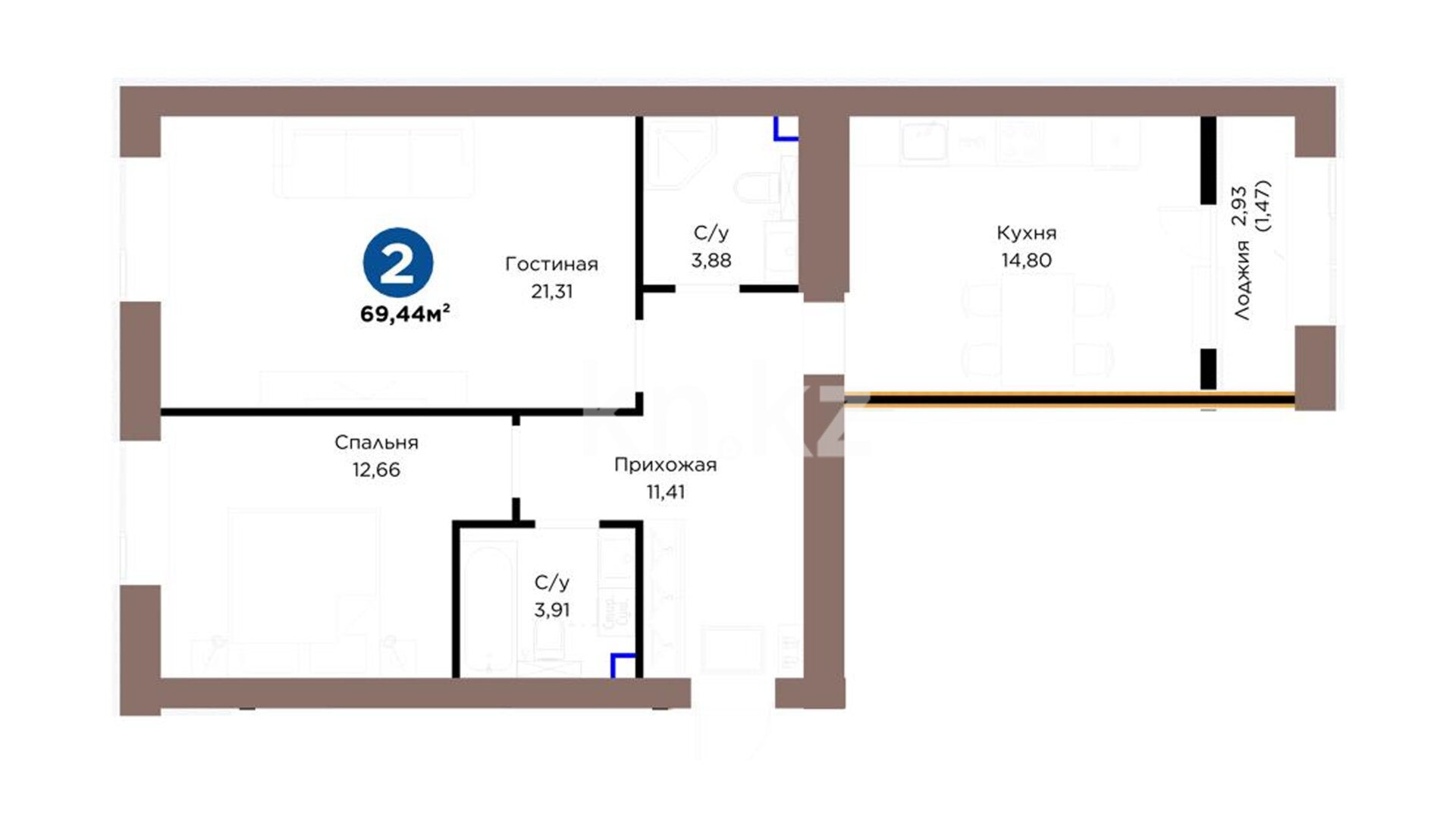 ЖК Tulga, 2-комнатная, цена 50 513 822 ₸, 738 507 ₸&nbsp;/&nbsp;м²