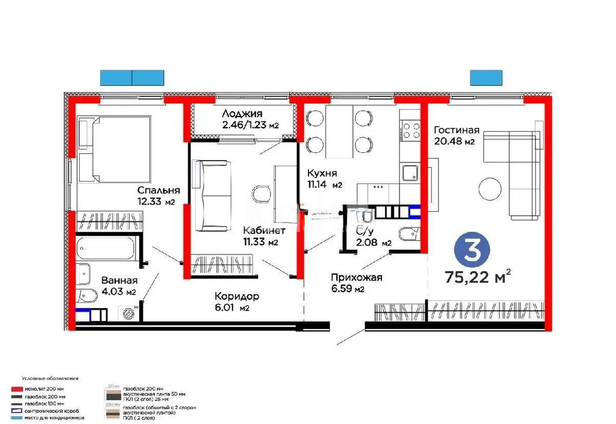 Продажа 3-комнатной квартиры, 75.2 м² в Алматы