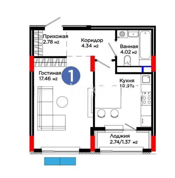 Продажа 1-комнатной квартиры, 40.64 м² в Астане