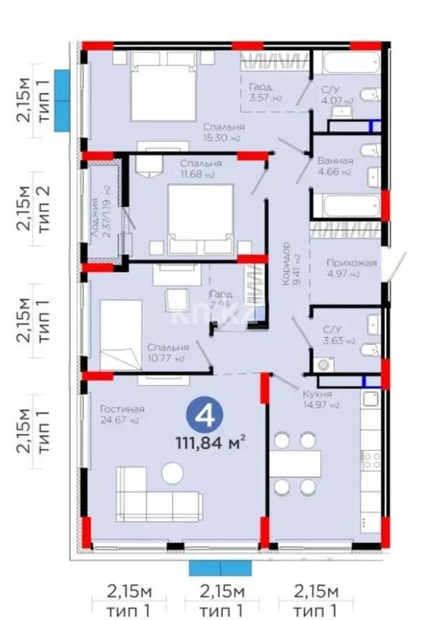 Продажа 4-комнатной квартиры, 111.84 м² в Астане