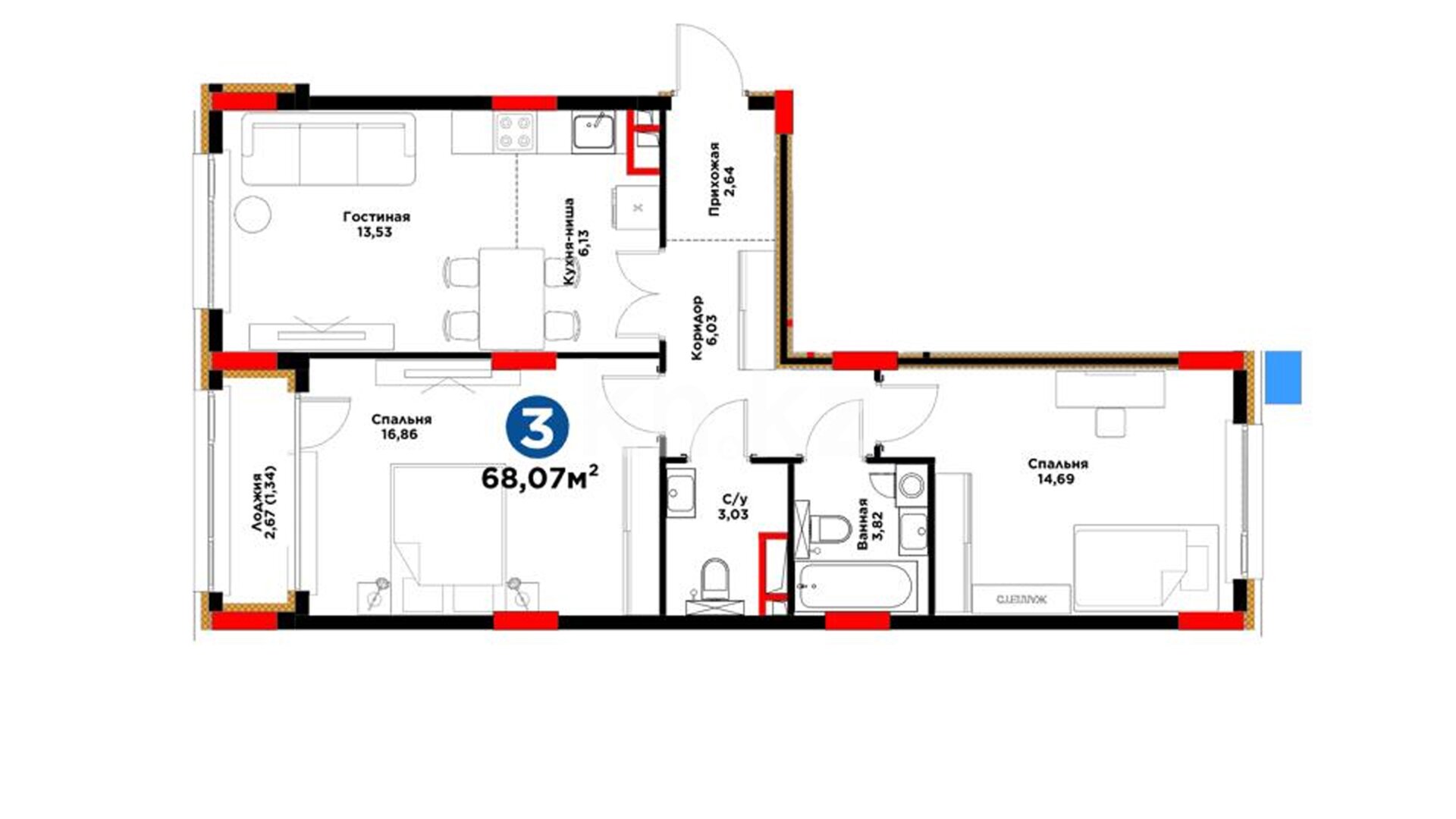 ЖК Bosaga, 3-комнатная, цена 45 532 140 ₸, 669 000 ₸&nbsp;/&nbsp;м²