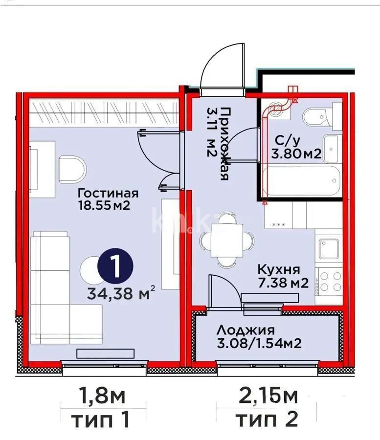 Продажа 1-комнатной квартиры, 34.38 м² в Астане