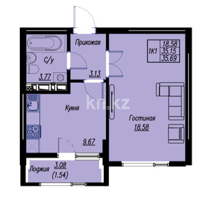 Продажа 1-комнатной квартиры, 35.69 м² в Астане