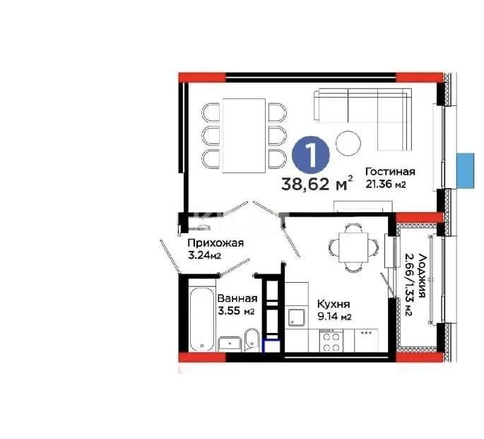 Продажа 1-комнатной квартиры, 38.62 м² в Астане