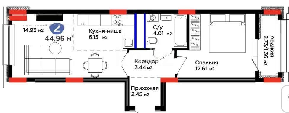 Продажа 2-комнатной квартиры, 44.96 м² в Астане