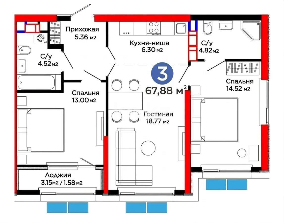 Продажа 3-комнатной квартиры, 67.88 м² в Алматы