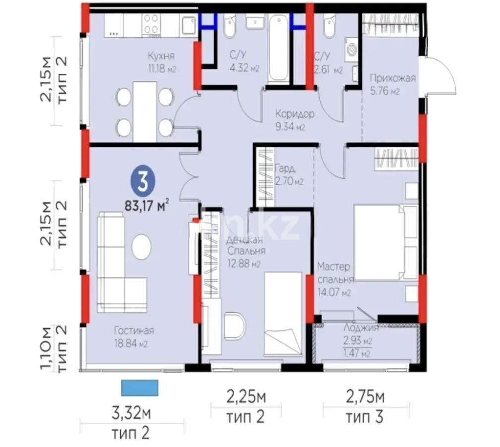 Продажа 3-комнатной квартиры, 83.17 м² в Астане