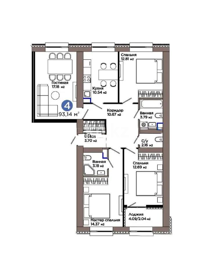 Продажа 4-комнатной квартиры, 93.14 м² в Астане