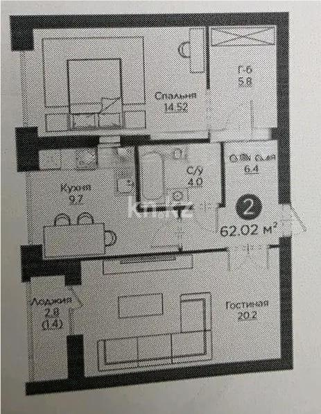 Продажа 2-комнатной квартиры, 62.3 м² в Астане