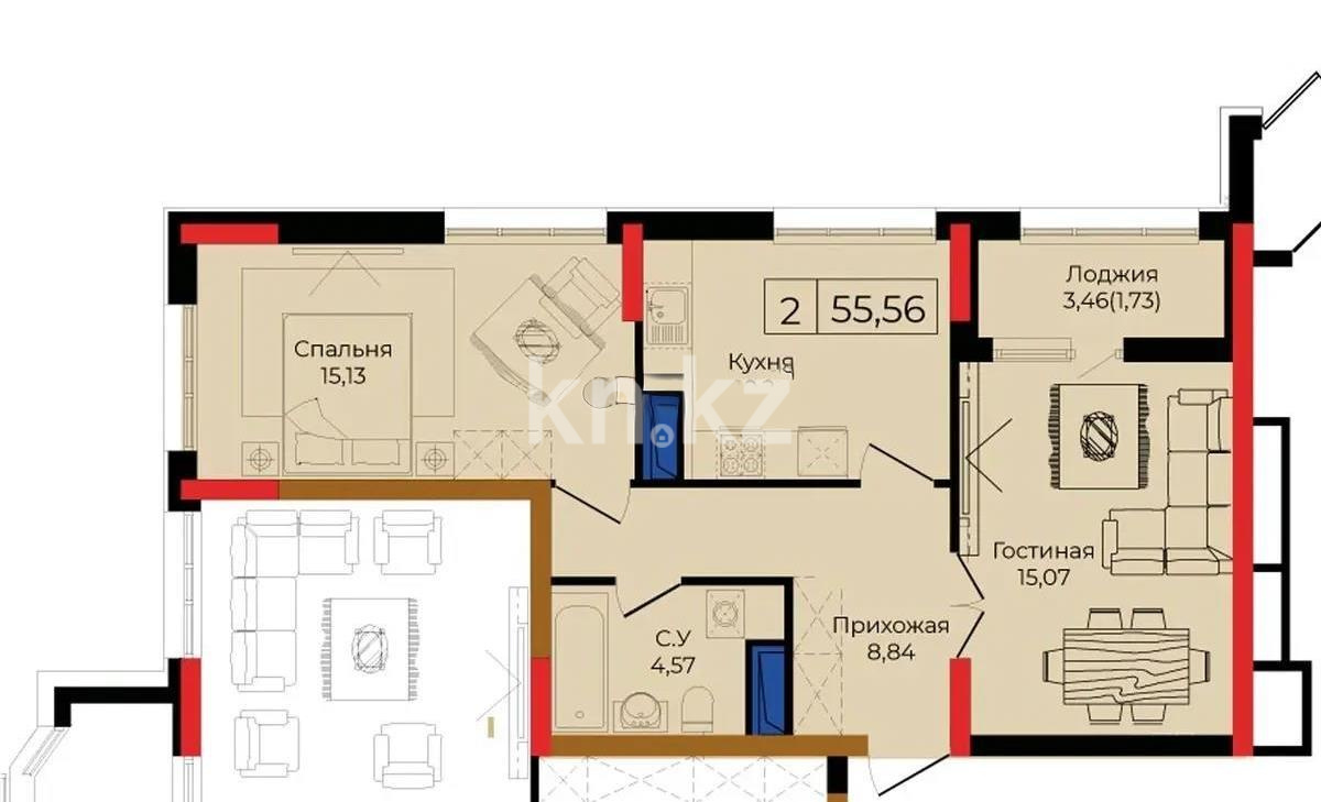 Продажа 2-комнатной квартиры, 57 м² в Астане